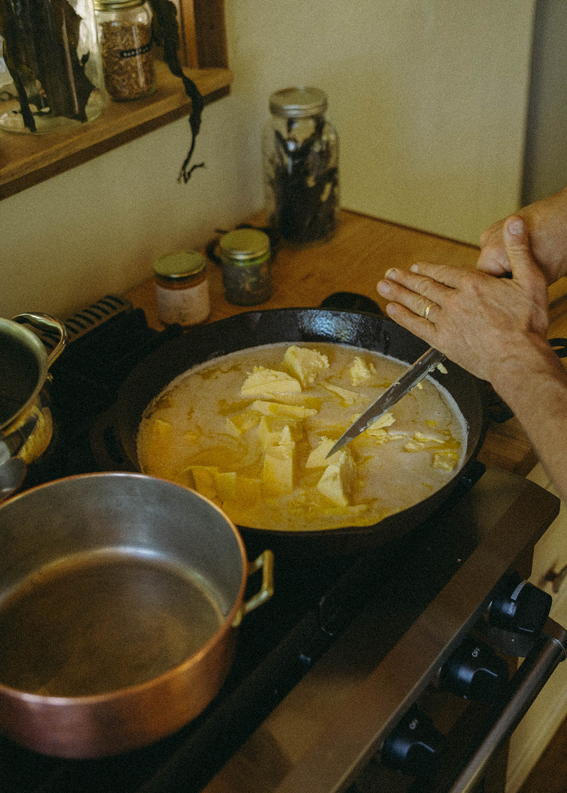 Butter in the rendering process to make ghee for Rasayana Ayurveda.