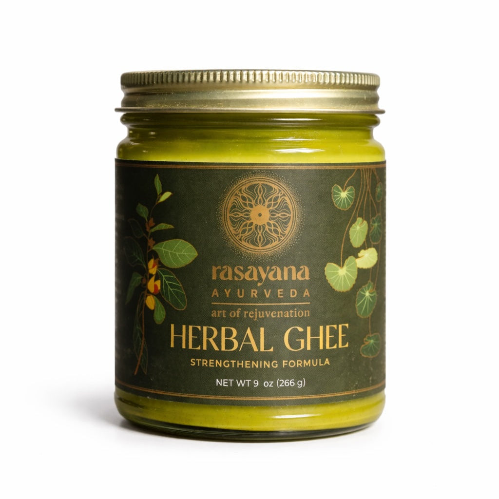 Jar of Rasayana Ayurveda Herbal Ghee - strengthening formula on a white background