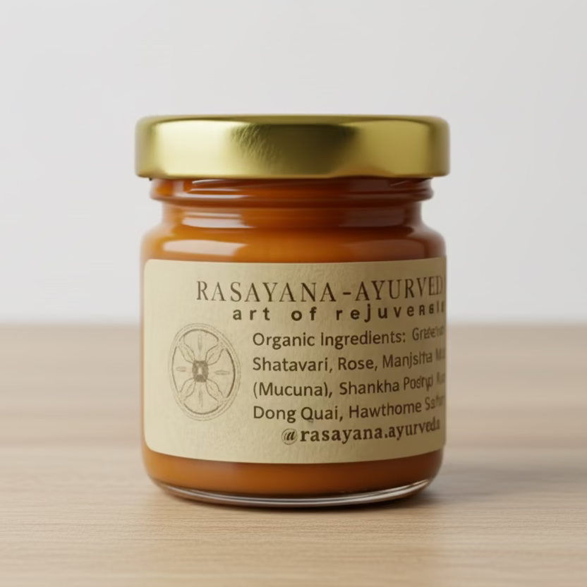 Jar of Rasayana-Ayurvedic herbal ghee tonifying product on a wooden surface